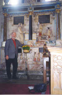 Warren Culpepper standing beside the Culpeper Memorial at St. Mary's, Goudhurst, Oct 1999
