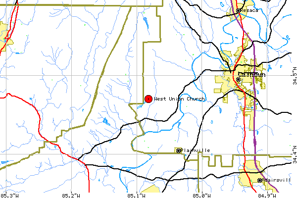 Local Map for West Union Cemetery, Gordon County, GA