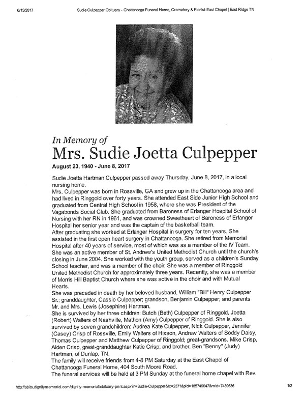Sudie Joetta Culpepper obit